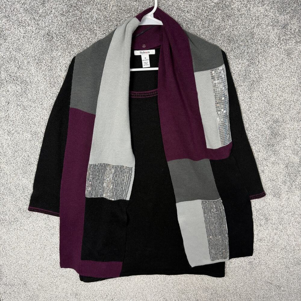 Style & co Tunic Sweater M Colorblock Sequin Trim Party Evening Removable Scarf